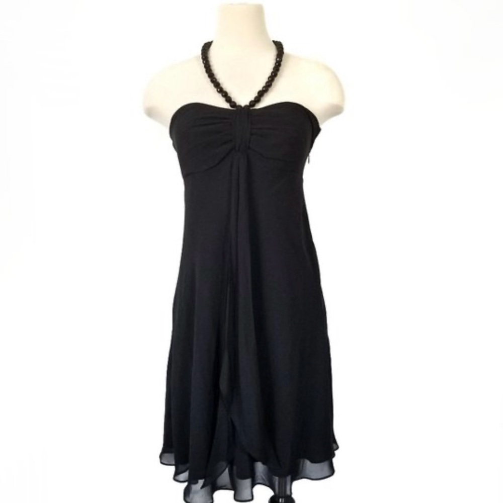 White House Black Market Built-in Beaded Necklace Halter Cocktail Black Dress 6